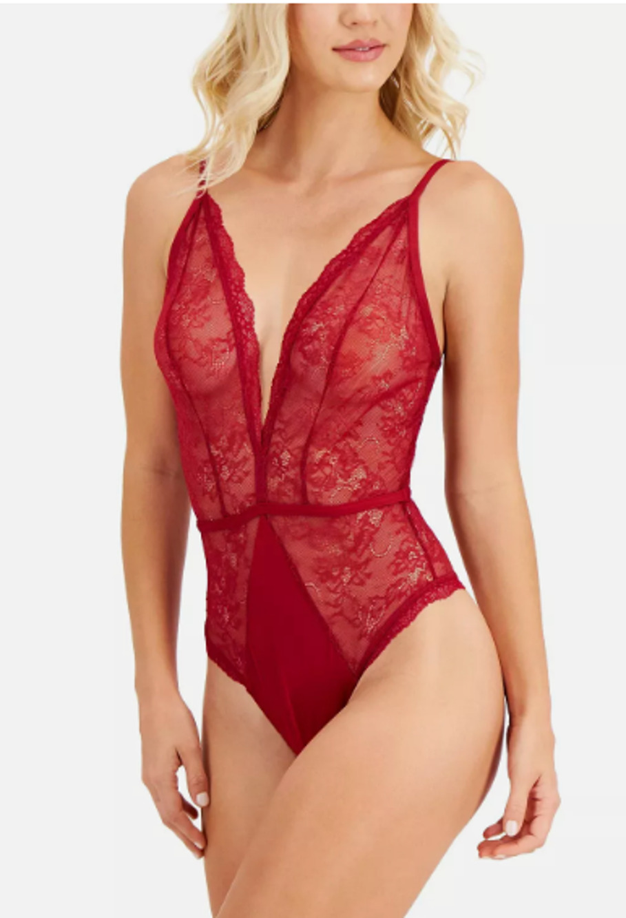 I.N.C. INTERNATIONAL CONCEPTS WOMENS LACE PLUNGE BODYSUIT MARASCHINO RED XXLARGE